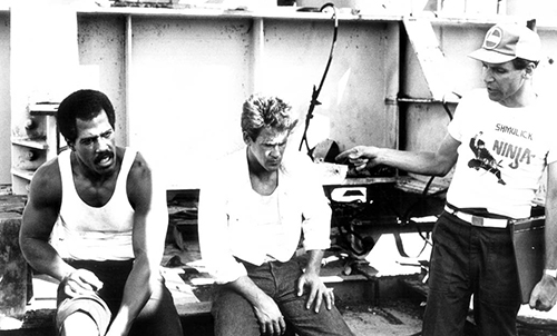 Behind the scenes: Steve James, Michael Dudikoff, and director Sam Firstenberg on the set of American Ninja. (courtesy of Sam Firstenberg)